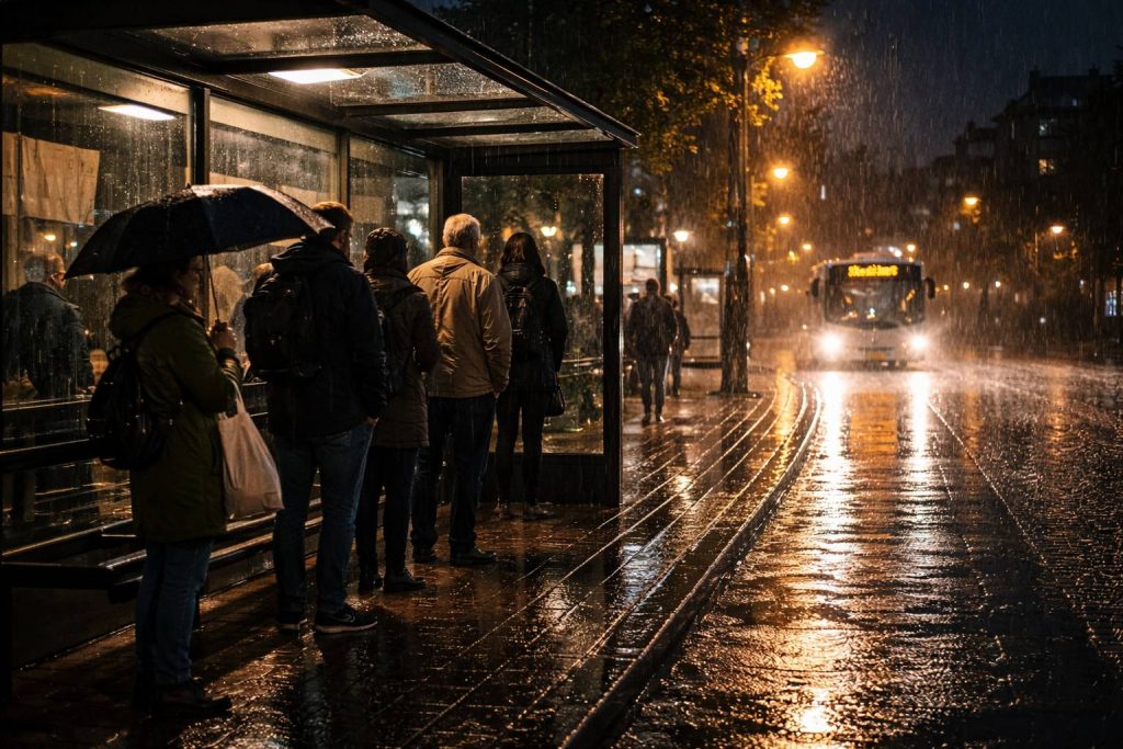Bushalte in hevige regen, avondspits