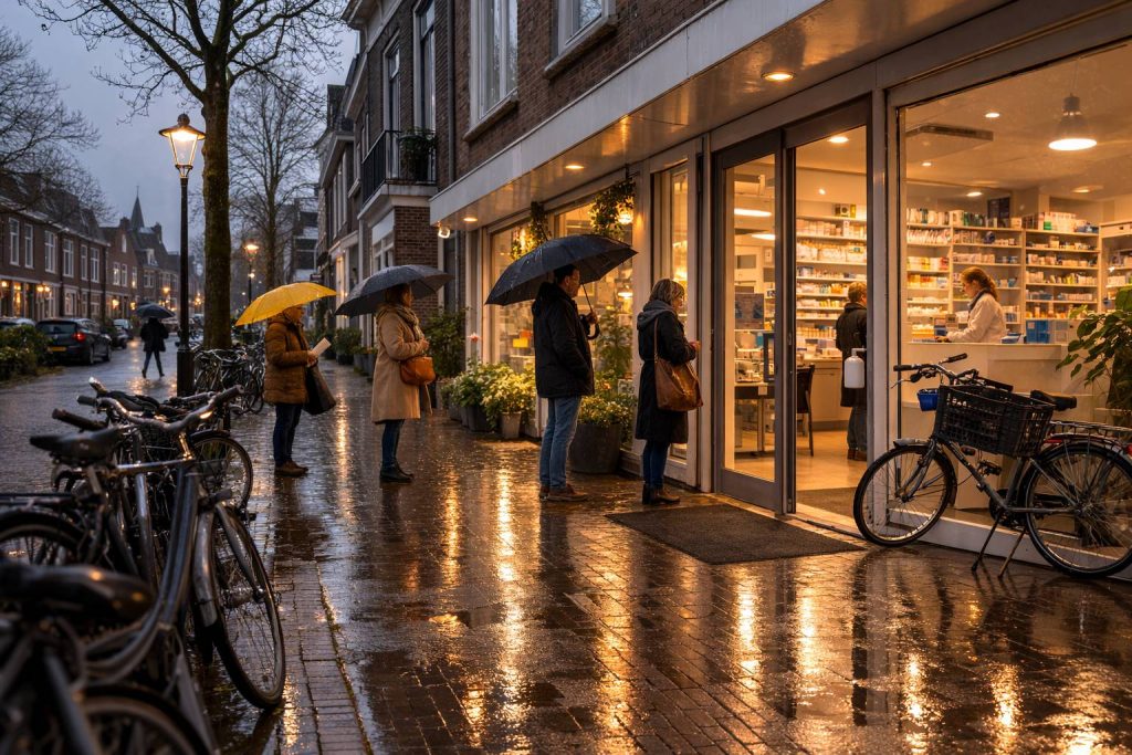 Een apotheek op een regenachtige dag
