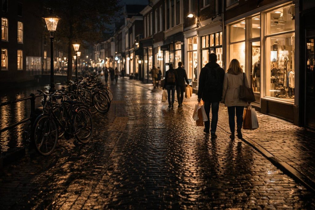 Een winkelstraat die 's avonds verlicht is met warme lampen