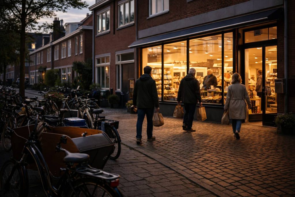 Ontspannen zondagse winkelstraat