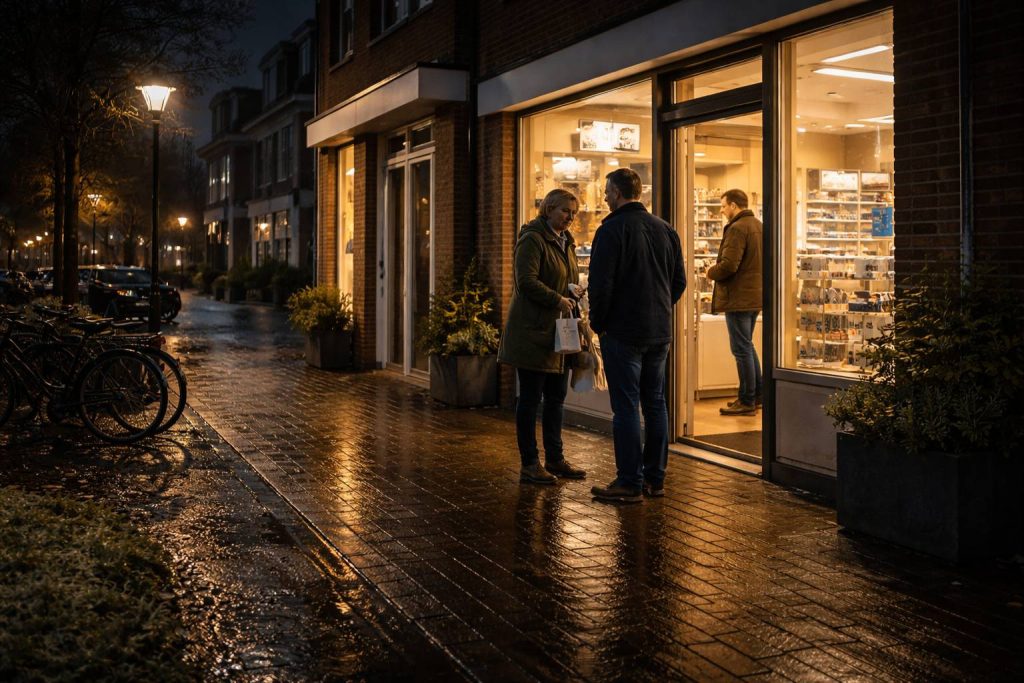 Sfeer van een apotheek waar je 's avonds laat je medicijnen kunt ophalen