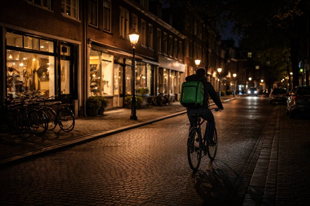 Stadsstraten 's avonds laat met bezorgers.