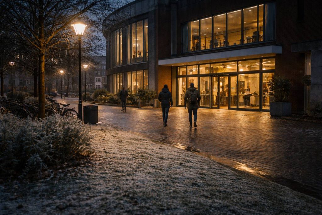 Winteravond buiten, sfeer met gesloten deuren