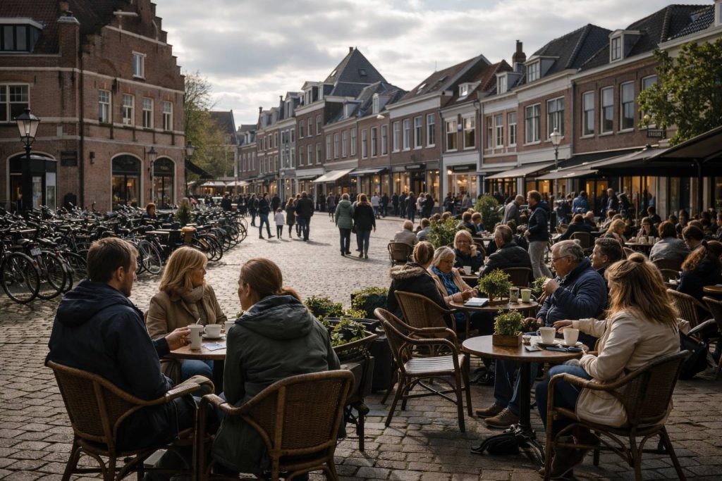 Zondagse markt en café-sfeer